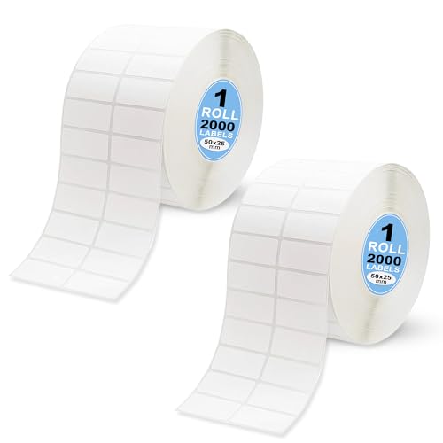 Image of GLUN Direct Thermal Barcode Label 4000 Stickers in 2 Roll, Size 50x25 mm, Direct Thermal White Self Adhesive Sticker for Labelling & Barcoding