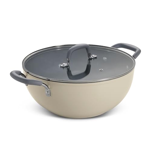 Image of Tramontina Velo 28cm / 5.6L Forged with Ceramic Reinforced Interior Kadai | Tempered GlassLid | Kadhai for Curry, Deep-Fry, Stir-Fry | Silicone Grip Handles | Gas /Induction | Sand Beige