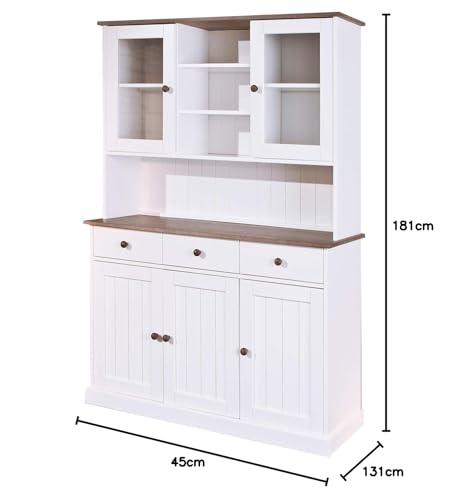 Inter Link - Vitrinenschrank - Küchenschrank - Geschirrschrank - Esszimmerschrank – Vitrine - Landhausstil - Kiefer Massivholz – 5 Türen – 3 Schubladen – Westerland 6.2 – Weiß/Sepia lackiert