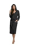 HEARTNICE Womens Hooded Cotton Robe, Soft Kimono Spa Knit Bathrobe Lightweight Long(Black Hooded, M)