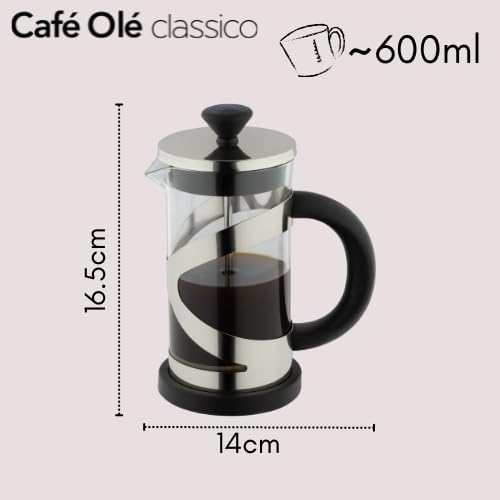 Café Olé Classico Kaffeepress Chrom, 600 ml / 2 Becher / 5 Espressotassen, French Press-Kaffeemaschine, Edelstahl-Siebfilter, Glasbehälter… – Ansicht 6