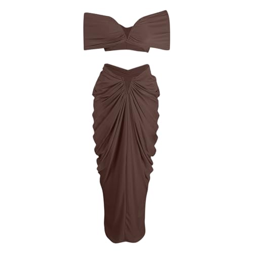 Women's Strapless Skirt Outfit Stretchy Two Piece Set Ruched Cami Crop Tops Maxi Skirts Sexy Bodycon Sets3