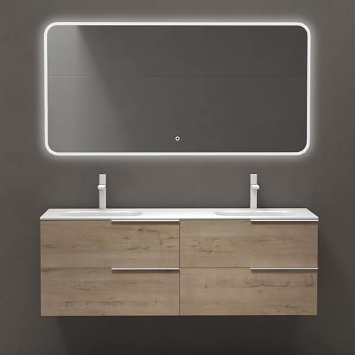 doporro Meuble de Salle de Bains 144 cm avec Double Lavabo Ensemble de 2 Pièces Vasque et Meuble sous Vasque Chêne Clair Design Vanessa