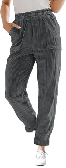 Gray L Corduroy Pants for Women Elastic High Waist Pull On Straight Leg Slacks Casual Comfy Fall Winter Trousers with Pockets