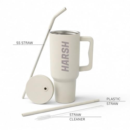 Image of Speedex 1200 ml Customized Name Insulated Stainless Steel Tumbler with Handle, Straw & Cleaning Brush, Personalized Sipper Bottle, Double Wall Leakproof Travel Mug Gift (Cream, 1.2 l)
