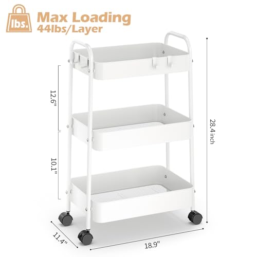TOOLF Carrinho de rodinhas de metal de 3 camadas, carrinho utilitário com ganchos, carrinho de armaz