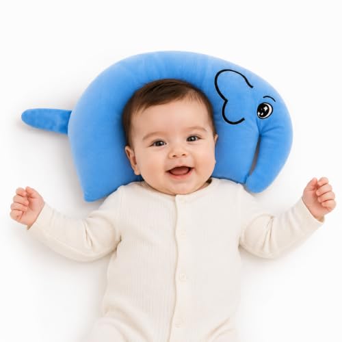 Image of VanityX Baby Neck Pillow for Newborn & Infant, Elephant Shape Mustard Seed Neck Support Pillow, Soft Plush Head Support Cushion for Stroller, Car Seat, Travel & Sleeping, Blue
