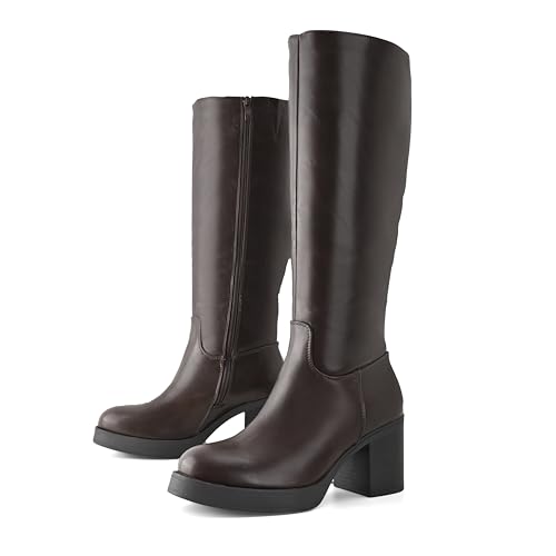 Image of Shoe'N Tale Platform Knee High Boots for Women Block Chunky Heel Round Toe Side Zipper Tall Boots