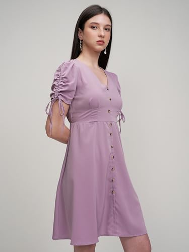 Image of Tokyo Talkies Women's Playful Mini A-Line Dress with Button-Front & Drawstring Sleeves