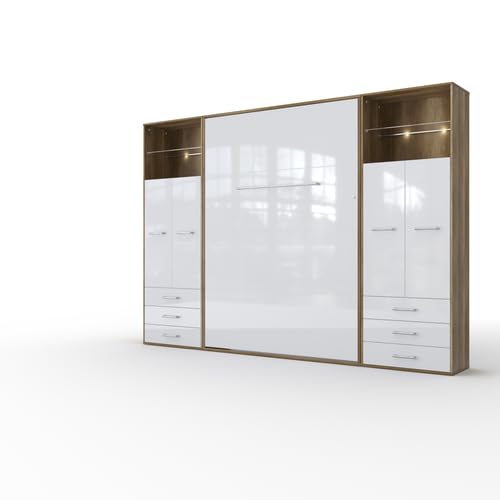 MAXIMAHOUSE Schrankbett vertikal Invento LED 140V mit 2 Regalen, Lattenrost aus Holz, Wandklappbett 140x200 modern Concept und Design, stabil,praktisch,platzsparend