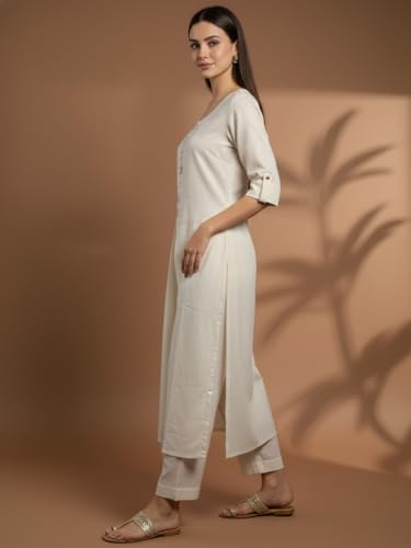 Image of Varanga Women Off-White Half-Sleeve Buttoned Kurta