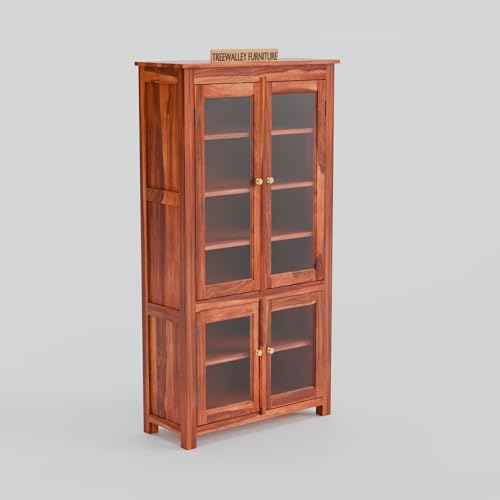 Image of Solid Sheesham Wood Crockery Cabinet with 4 Acrylic Glass Doors | Wooden Wardrobe Kitchen Cabinet with 6 Shelves Storage | Bookcase for Living Room, Bedroom & Office | Honey Finish