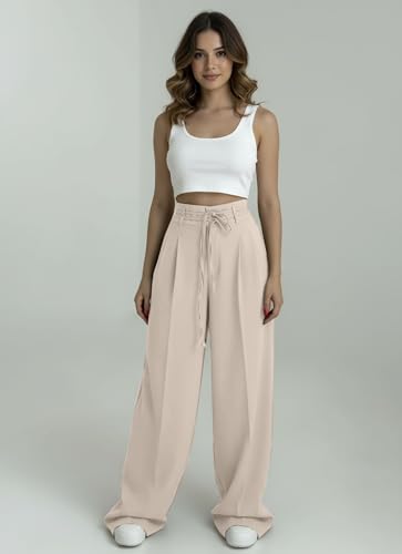 Image of Aahwan OffWhite Solid High Fabric Belt Waist Straight Korean Loose Pleated Wide Leg Trouser for Women's & Girl's