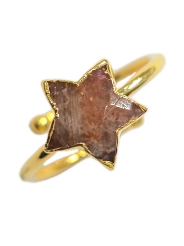 Sunstone Star Ring, Boho Promise Ring for Women, 14k Gold Finish, Electroplated Star Design, Healing Crystal Jewelry, Christmas Gift, Pisces Leo Libra Zodiac Ring