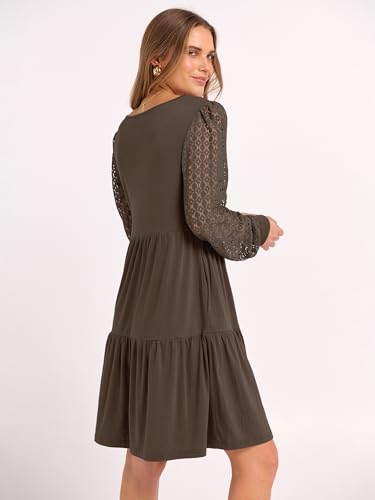 ANRABESS Dresses for Women Casual Lace Long Sleeve V Neck Tiered Swing Flowy Loose A-line Mini Short 2025 Fall Vacation Dress3