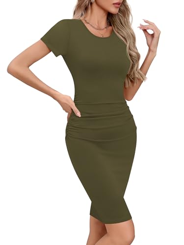 Image of Missufe Women's Long Sleeve Slim Ruched Bodycon Dress 2025 Trendy Fall Casual Round Neck Sheath Knee Length Outfits Clothes