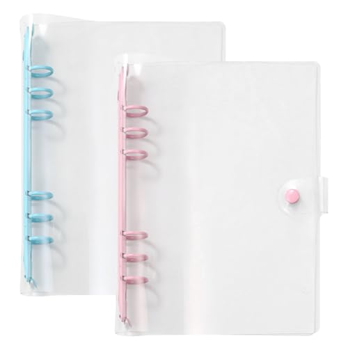 Bncxdc A5 Binder, 2 Pack, Clear Waterproof PVC, 6-Ring, Refillable Notebook Binder, Snap Button Closure, Pink, Blue, 23.7x17cm