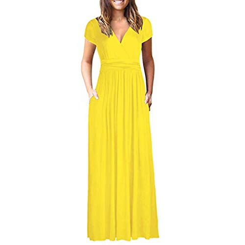 FAMILIZO -Vestidos De Fiesta Mujer Vestidos Verano Mujer Largos Vestidos Elegantes Mujer Cortos Cuello Redondo De Mujer Sólido Manga Corta Maxi Vestidos Casual Largo Dresse con Bolsillo