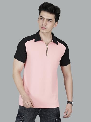Image of London Hills Men's Loose Fit Half Sleeve Color Block Polo T-Shirt with Zip Collar | Premium Polyester Fabric | T Shirt for Man | Tshirt | Shirts Men | Tshirt for Man | Men T-Shirts