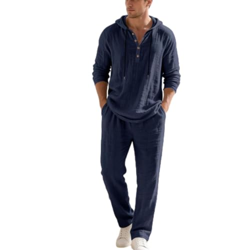 Ensemble d'été en lin pour homme avec haut à capuche et pantalon à cordon style décontracté plage