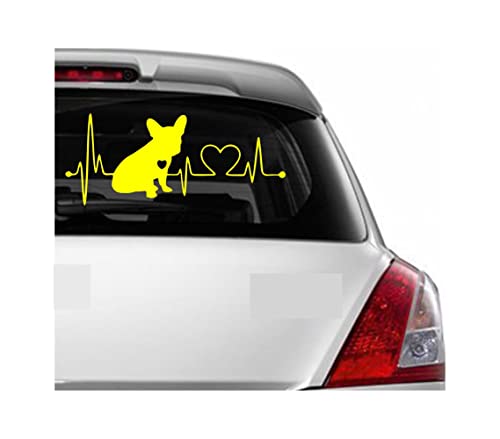 Image of Vinyl French Bulldog Heartbeat Glossy Car Glass Door Sticker 7 x 3 Inches Yellow
