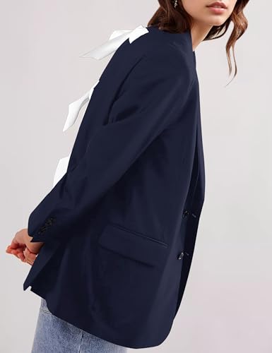 Women Casual Oversized Blazers Bow Tie Blazer Suit Lapel Open Front Office Blazer Jacket Button Down Work Cardigan Dark Blue3