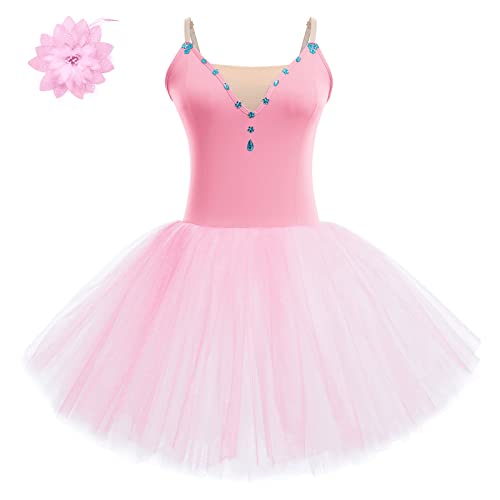 Dance Leotards for Women with Flower Hair Clip Adult Ballet Dress Spaghetti Shoulder Straps One Piece Ballerina Outfits Dance Maxi Dress Gymnastics Leotards Tulle Skirts Pink Small