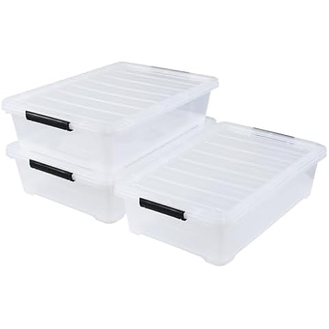 Leendines 40 Quart Plastic Underbed Storage Box, Large Clear Shallow Box with Wheels Set of 3 Cover