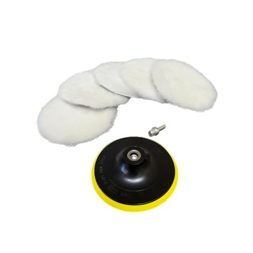 Lambswool Polishing Pads Sheepskin Buffing Pads, 7 Piece Set. Includes 5 Lambs Wool Cutting Pads with Hook, 1 Backing Plate and 1 Drill Attachment - Wool Buffs (3 Inch)