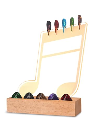 Light Up Guitar Pick Holder—Note-Shaped Cool Gifts for Music Lovers,Acrylic Guitar Pick Display and Storage With Wooden Base，Unique Guitar Accessories