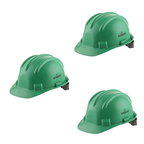 Image of KARAM PN521 Safety Helmet for Men Construction Helmet | Ratchet Type Adjustment with Adjustable Chin Strap | Work Helmet with Side Slot for Attachment | is:2925:1984 Certified | HYD Green | Pack of 3