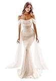 TIRAS Sparkly Mermaid Wedding Dresses for Bride 2023 Beach Off Shoulder Wedding Gowns Cowl Bridal Dresses for Women Ivory 04