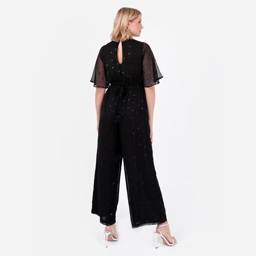 Lovedrobe Women's Jumpsuit Ladies V-Neck Short Flutter Sleeve Waist Tie Clipped Spot Chiffon Evening Party Occasion Cocktail Black 48, black, 20