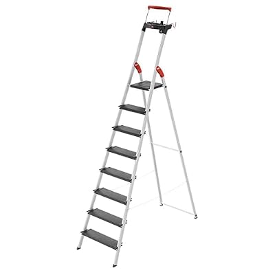 Hailo L100 Pro | Aluminum Folding Stepladder | Eight Steps | Extendable Safety Rail | Integrated Multifunctional Storage Tray | Folding Safety Mechanism with Platform Locking System| Black