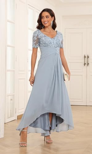 Mother of The Bride Dresses Chiffon Lace Applique Formal Evening Gown V Neck Wedding Guest Dress4
