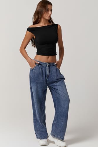 QINSEN Womens One Shoulder Sleeveless Basic Top Double Lined Slim Fit T Shirt Cropped Tee4