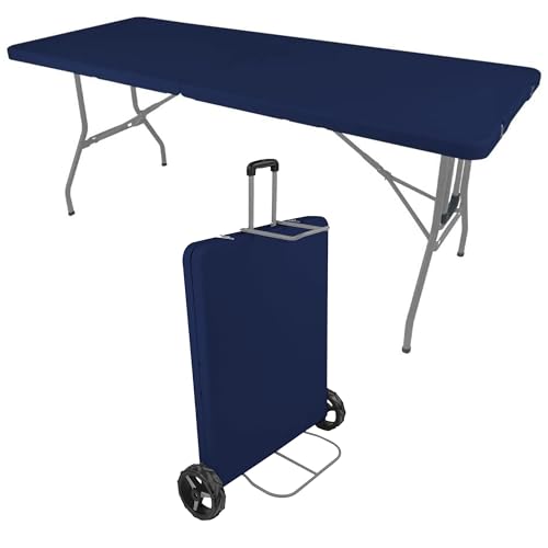 Creative Outdoor 6 Foot Folding Table, Durable Plastic, Built-in Wheels, Easy to Clean, Indoor/Outdoor Folding Table, Perfect for Camping, Picnic (Blue & Grey)