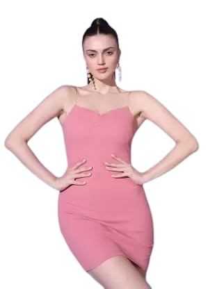 GenericAONE Clothing Crepe Noodle Strap Faded Bodycon Mid Thigh Stylish Solid Dress for Women