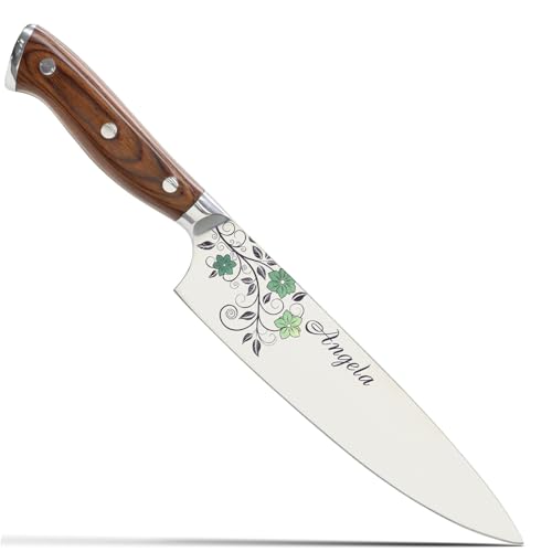 Image of Color Laser Engrave Custom Personalized Chef Knife with Blade Cover and Velvety Red Interior Box Premium Stainless Steel- Personalized for Wife, Mother, Friend (Green)