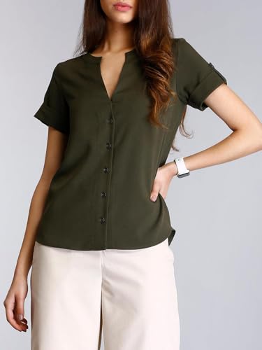 Image of FableStreet Women Formal Top | Asymmetrical Button Placket Band Collar Three-Quarter Sleeves | Pure Cotton Smooth Fabric for Office & Workwear