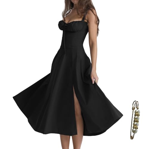 Image of Floral Corset Midi Dress Square Neck A Line Dress with Slit | Square neck floral midi dress with front tie bust wide straps A-line skirt side slit and lightweight fabric