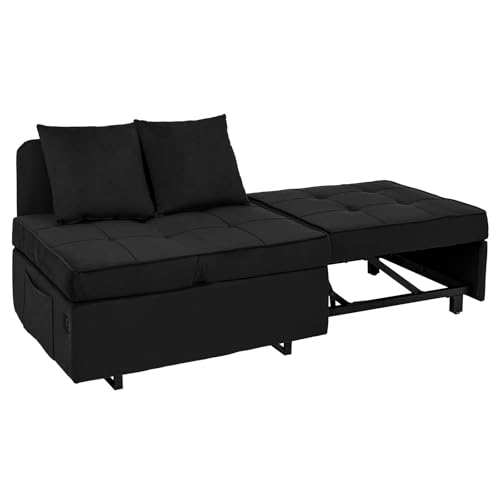 Sleeper Sofa Bed, Convertible 4-in-1 Pull Out Couch with 5 Adjustable Backrest, Modern Velvet Sofa with USB Ports & Storage Pocket (Includes Pillow) for Living Room, Bedroom,Apartment, Black