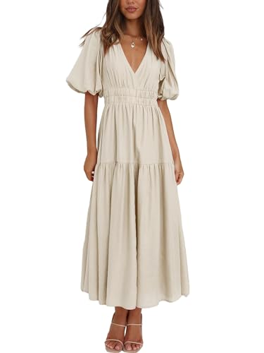 Woolicity Womens Summer Maxi Dress Wrap V Neck Short Sleeve Beach Flowy Long Dresses