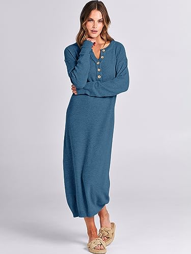 Image of ANRABESS Women Long Sleeve Button V Neck Oversized Casual Loose Fit Waffle Knit Fall Midi Sweater Dress 2026 Trendy Outfits