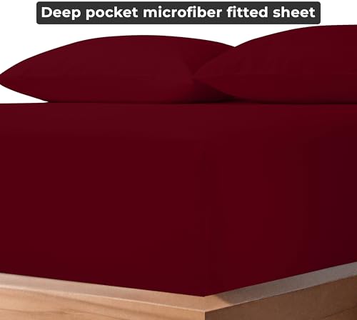 Image of Royale Linens Fitted Sheet King - Ultra Soft 1800 Brushed Microfiber - Hotel Luxury Bottom Sheets - Wrinkle Free & Fade Resistant - Deep Pocket Fitted Sheet Only (King, Burgundy)