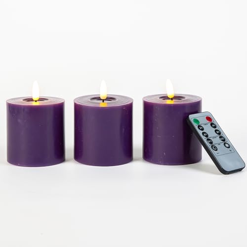 Image of Purple 3 inch Pillar Candles Set of 3 with Timer - Purple Flameless Candle Battery Operated Room Decor for Party, Birthday, Wedding, Halloween, Meditation, Prayer, Spiritual,