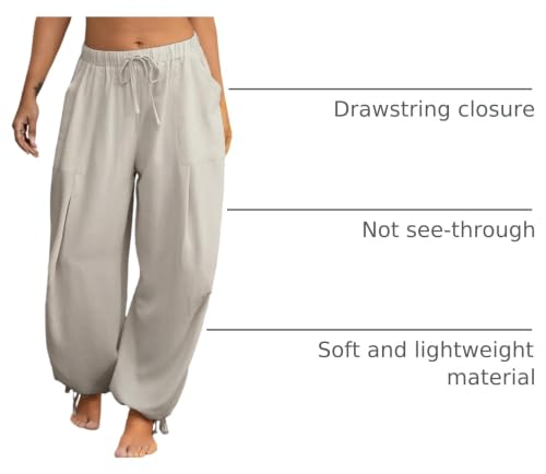 Image of Women's Linen Balloon Barrel Beach Pants Boho Harem Flowy Drawstring Casual Loose Pants with Pockets