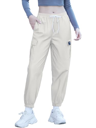 SANGTREE Women's Cargo Pants Elastic Waist Drawstring Tapered Jogger Pants with Pockets for Women Beige,M