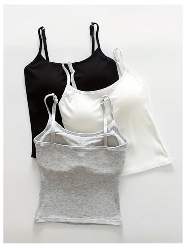 Image of WDIRARA Women's 3 Pack Cami Crop Top Built in Bra Spaghetti Strap Tank Camisole Tops