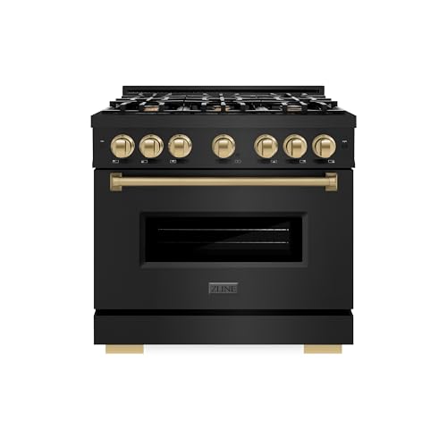 ZLINE Autograph Edition 36 in. 5.2 cu. ft. Classic Dual Fuel Range with 6 Burner Gas Cooktop and Electric Convection Oven in Black Stainless Steel with Champagne Bronze Accents (CDRBZ-36-CB)